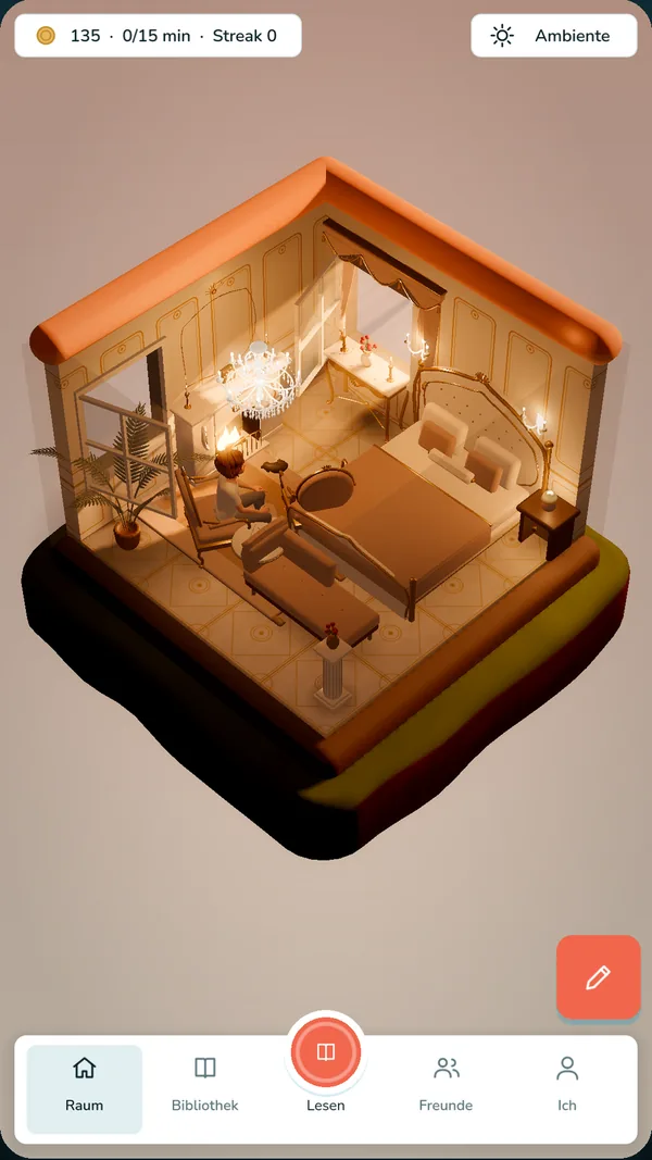Ein ausgebautes Zimmer mit Bett, Kamin und Regalen