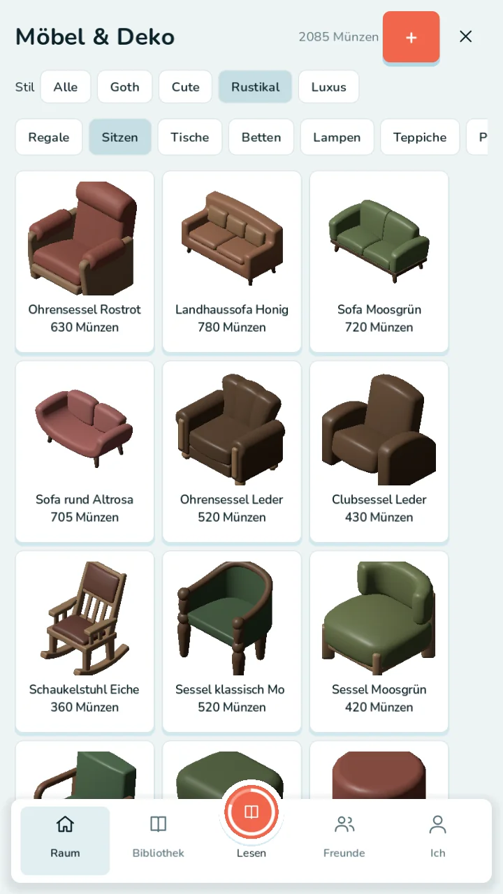 Der Möbelladen mit Sesseln und Sofas, jeweils mit Preis