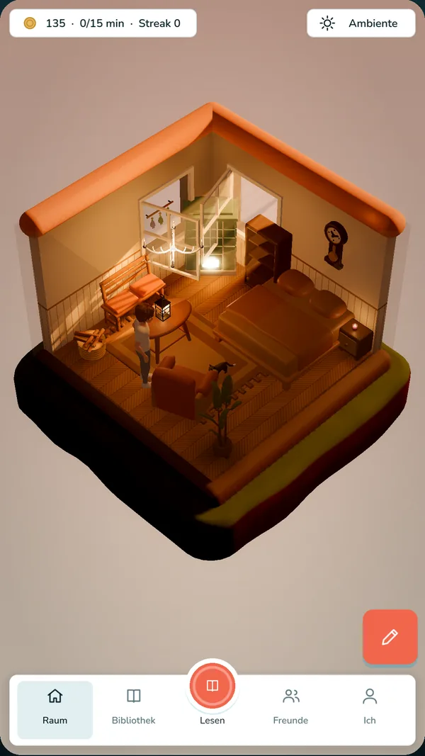 Grialis: ein eingerichtetes Zimmer mit Bücherregal, Lampe und Leseecke